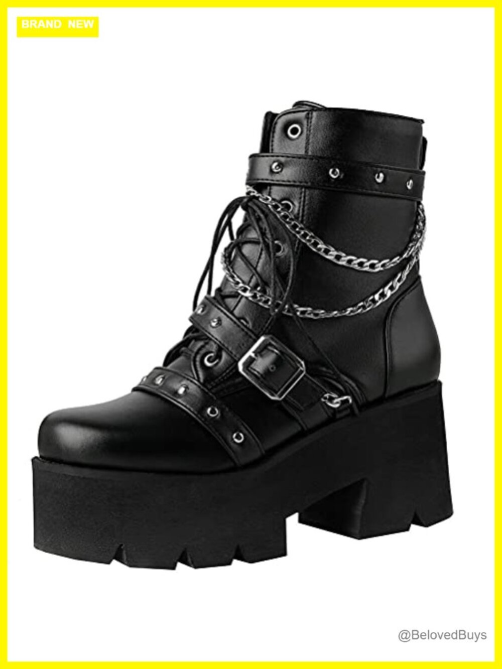 Chunky Platform Ankle Boots Lace Up High Heel Motorcycle Boots with Chain